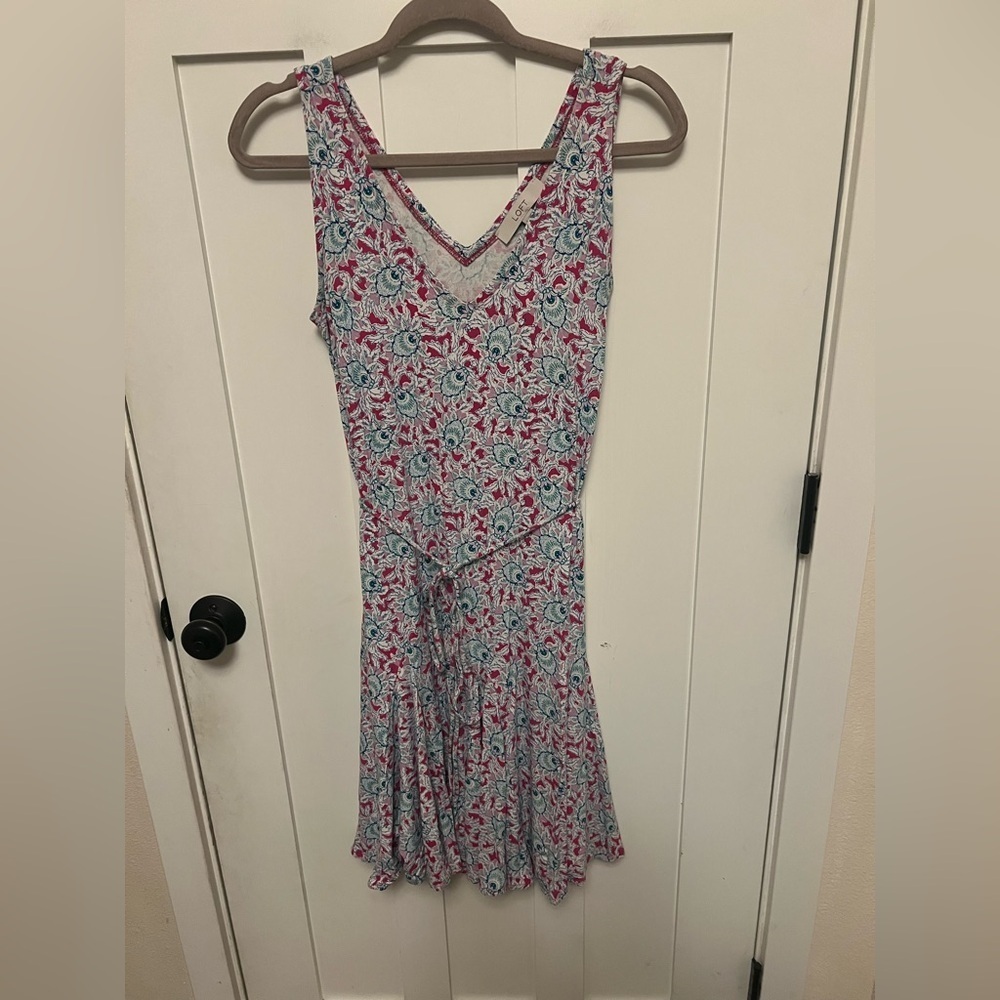 Loft ditsy floral jersey knit dress v-Neck Sleeveless size Large tie waist swing